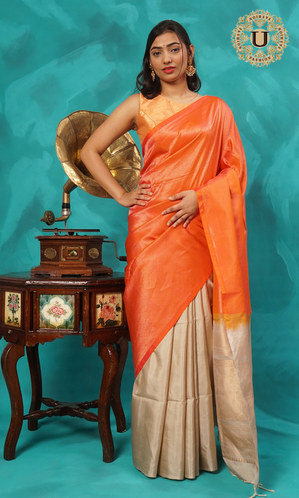 Orange and beige half n half pure silk saree