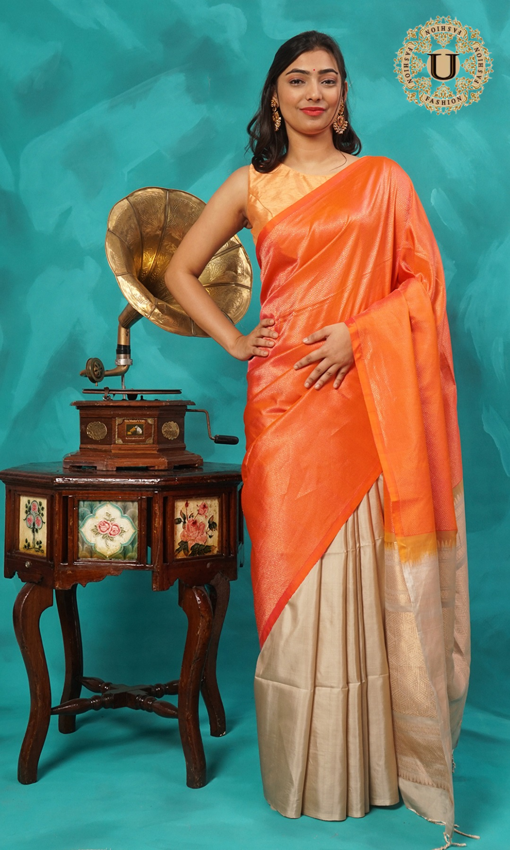 Orange and beige half n half pure silk saree