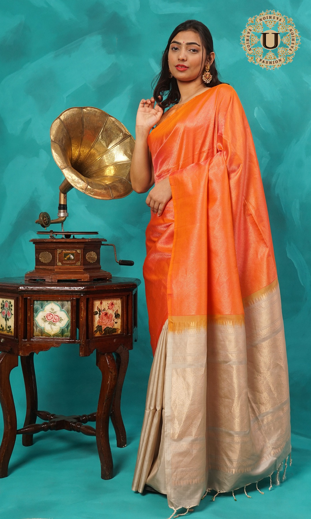 Orange and beige half n half pure silk saree