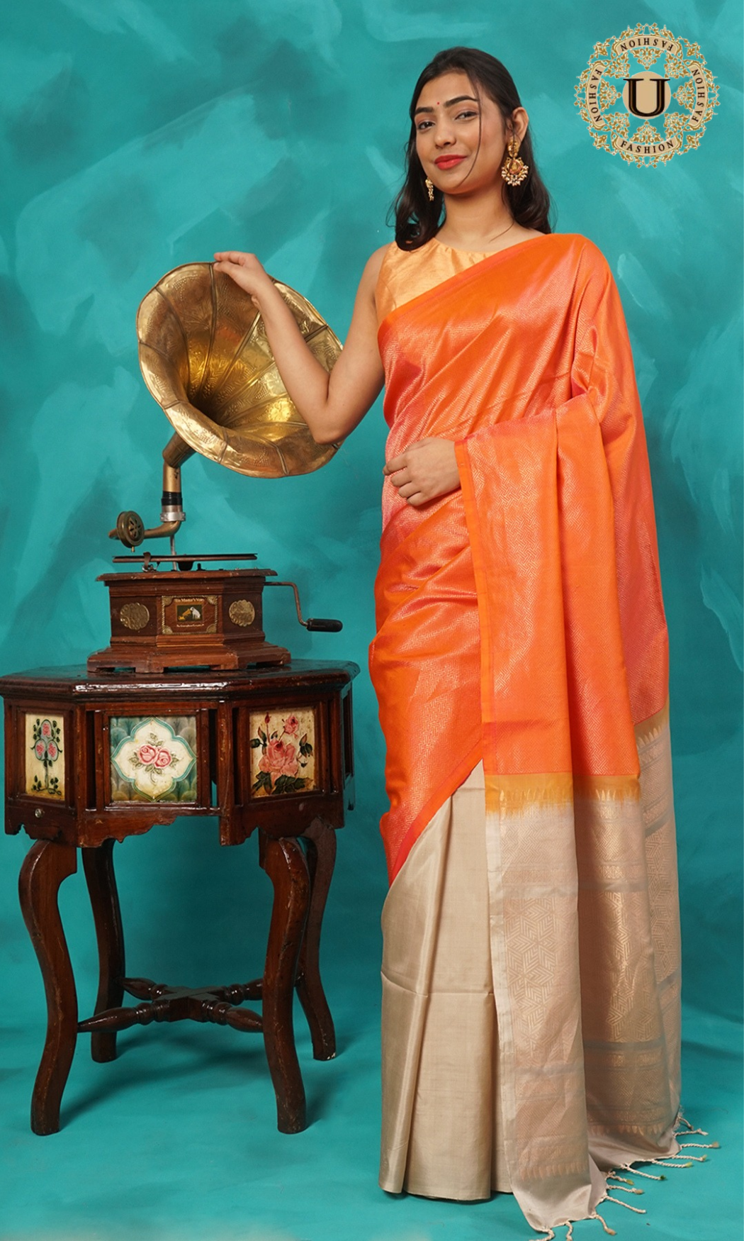 Orange and beige half n half pure silk saree