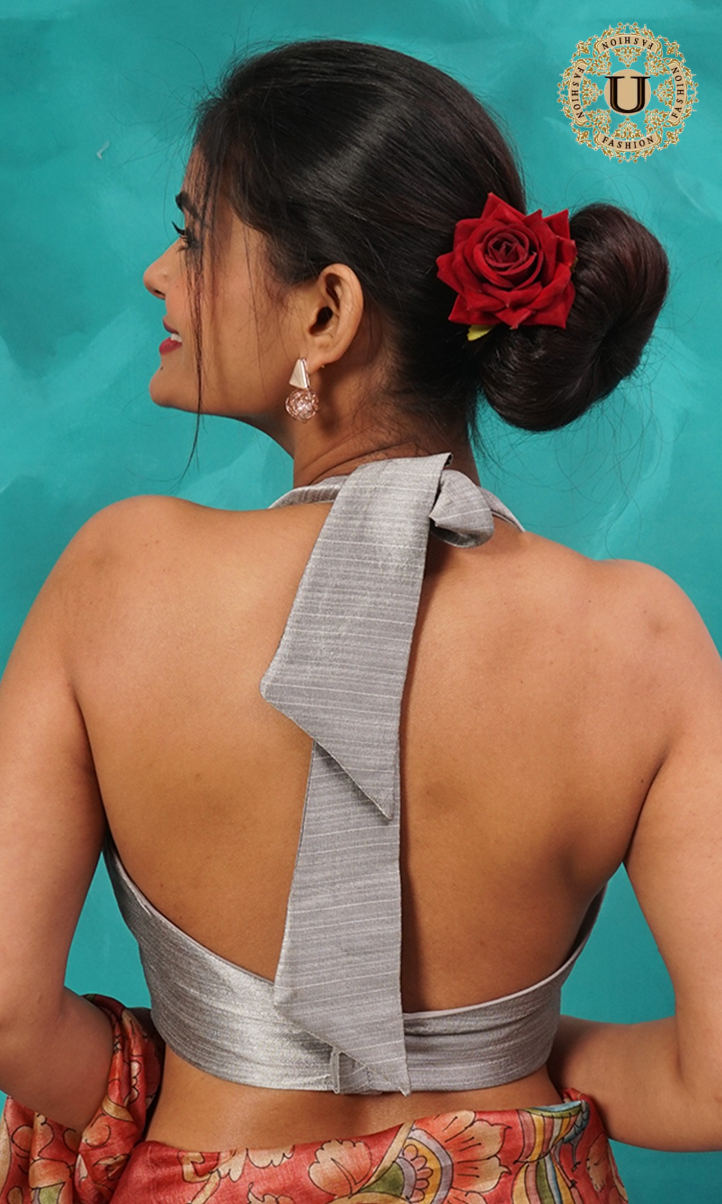 Silver halter neck back open blouse