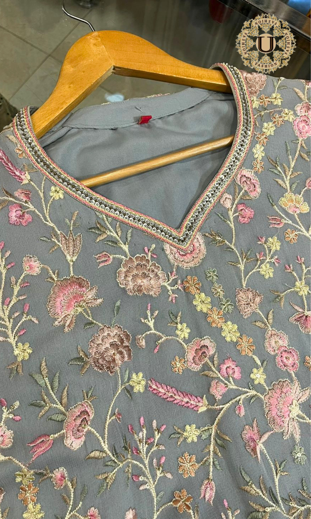Grey and Pink Georgette Emroidered Suit