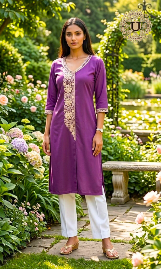 Purple Spun Long Kurti with Dori Embroidery | Anarkali-Inspired Straight Cut