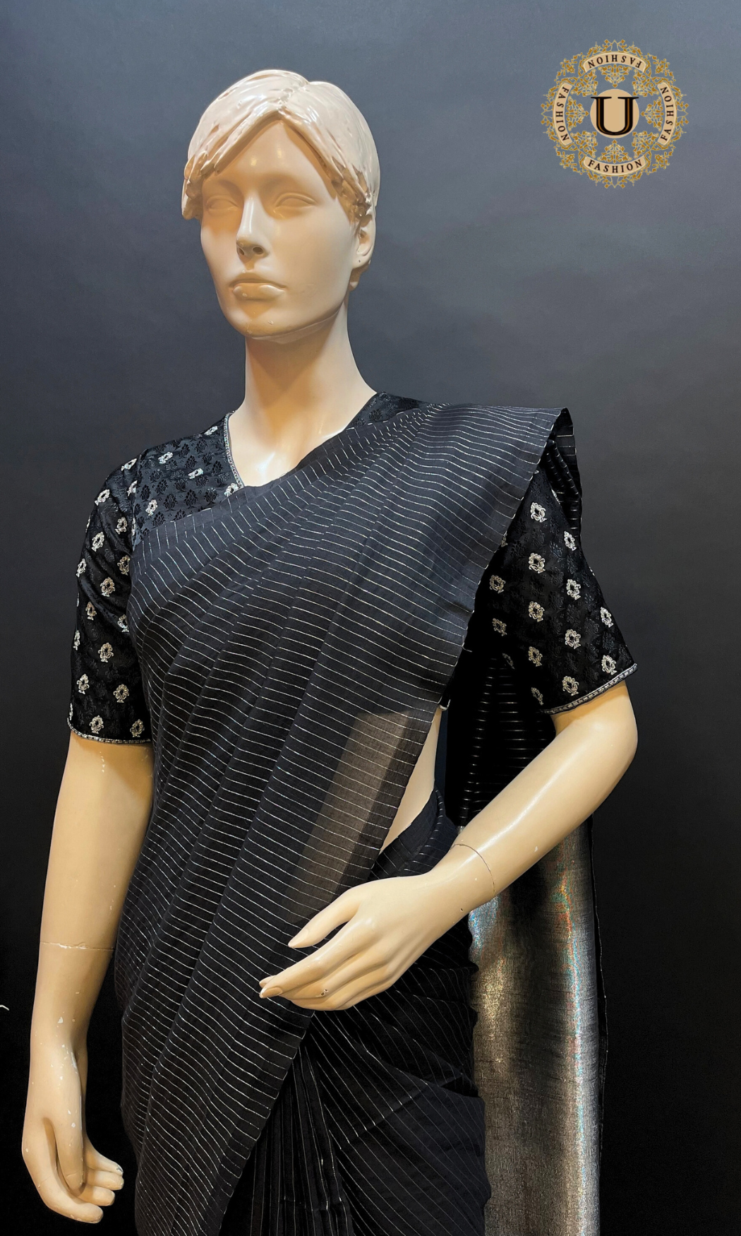 Black with Silver stripes Mul Cotton Saree