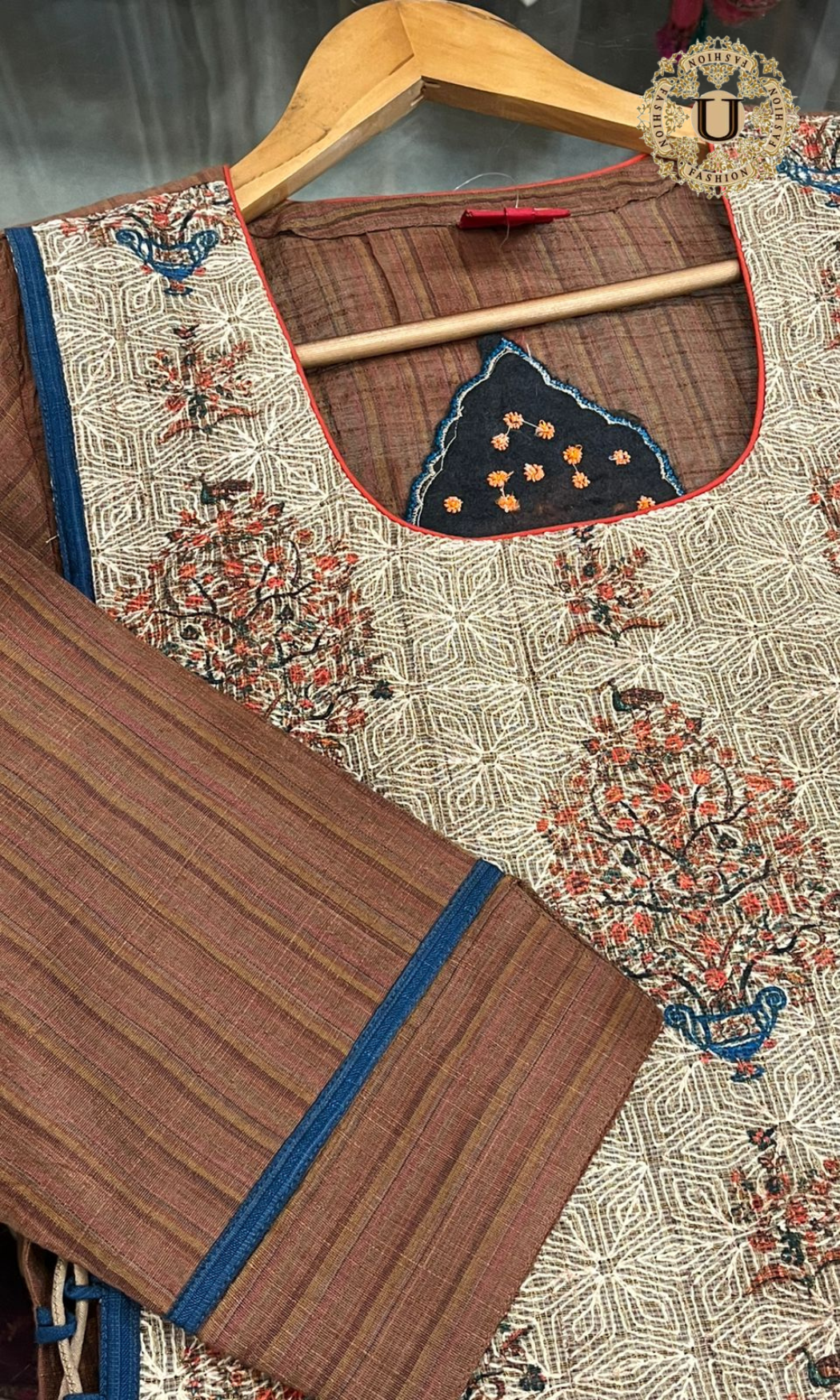 Beige and Brown Layered Straight cut Long Kurti