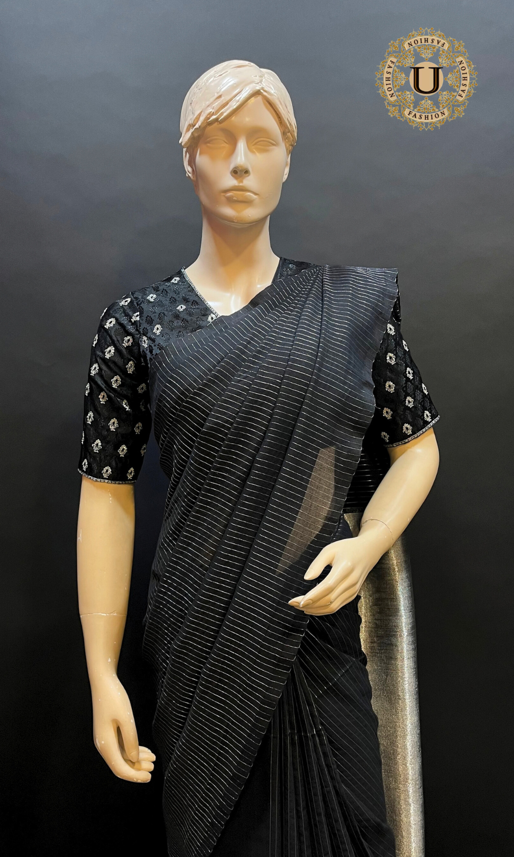 Black with Silver stripes Mul Cotton Saree