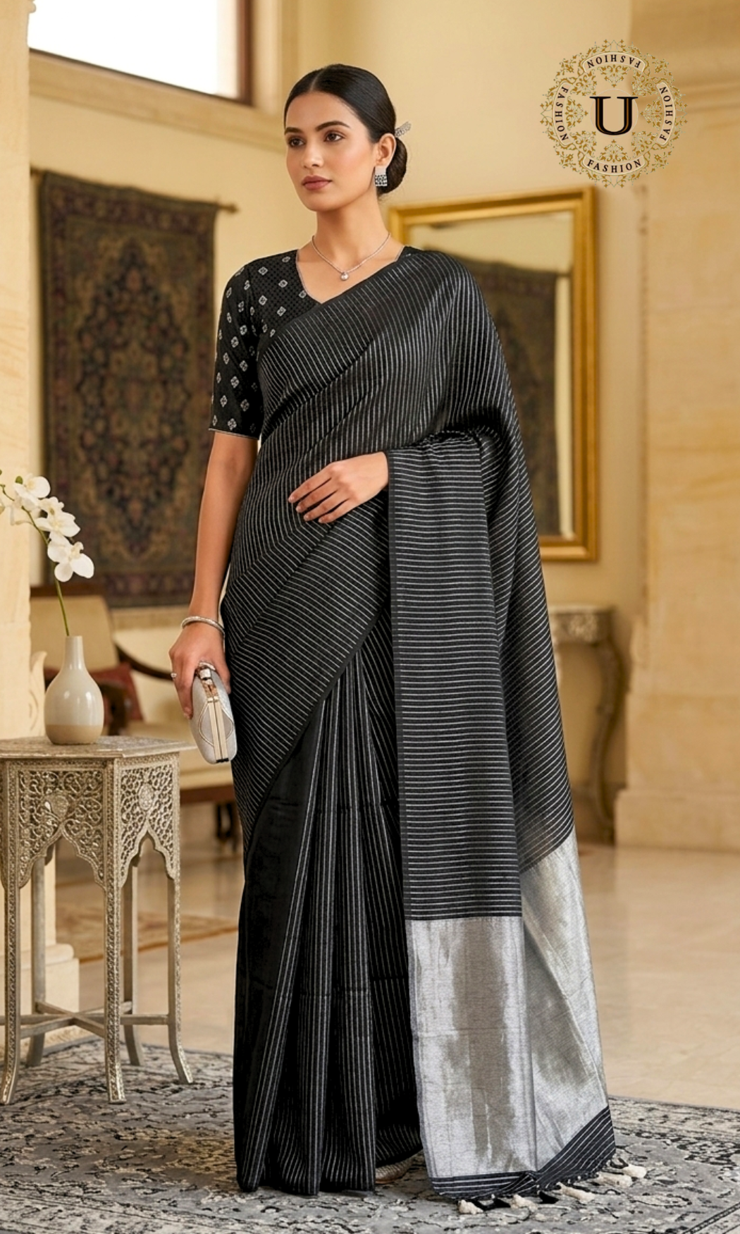Black with Silver stripes Mul Cotton Saree