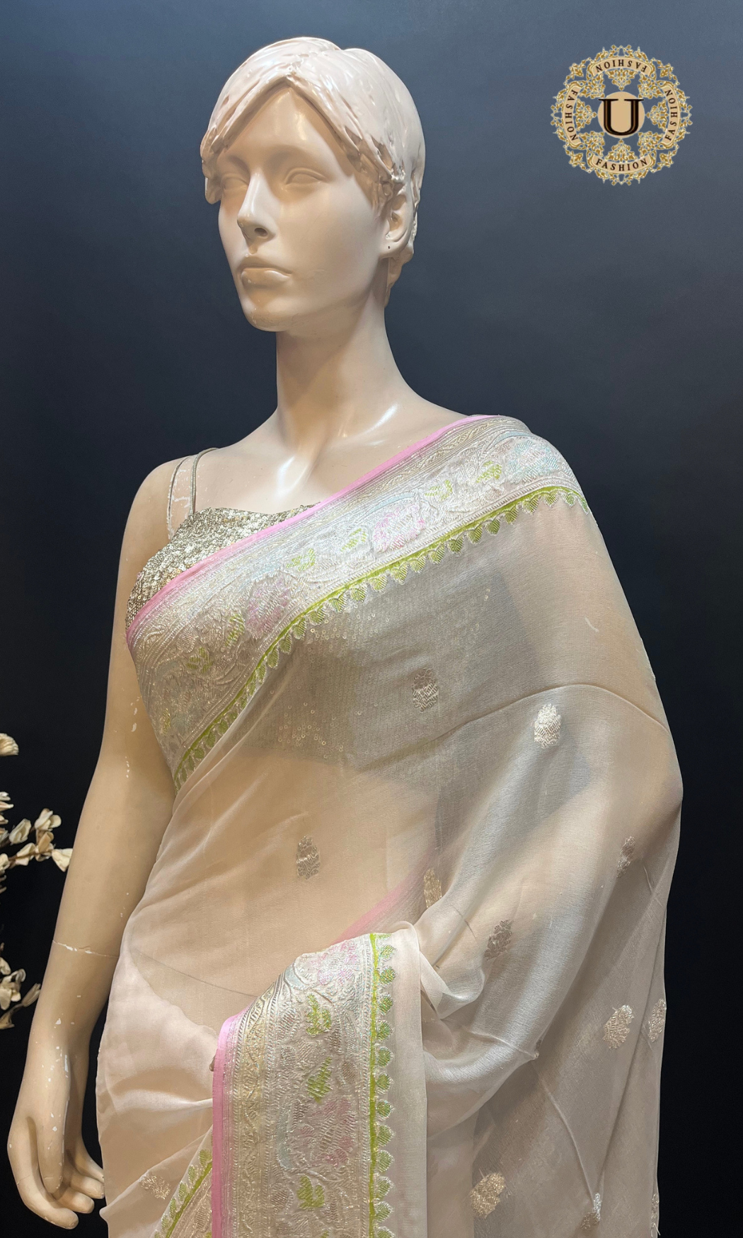 Off White Banarasi Chiffon Saree with Pastel Zari Border & Buttas