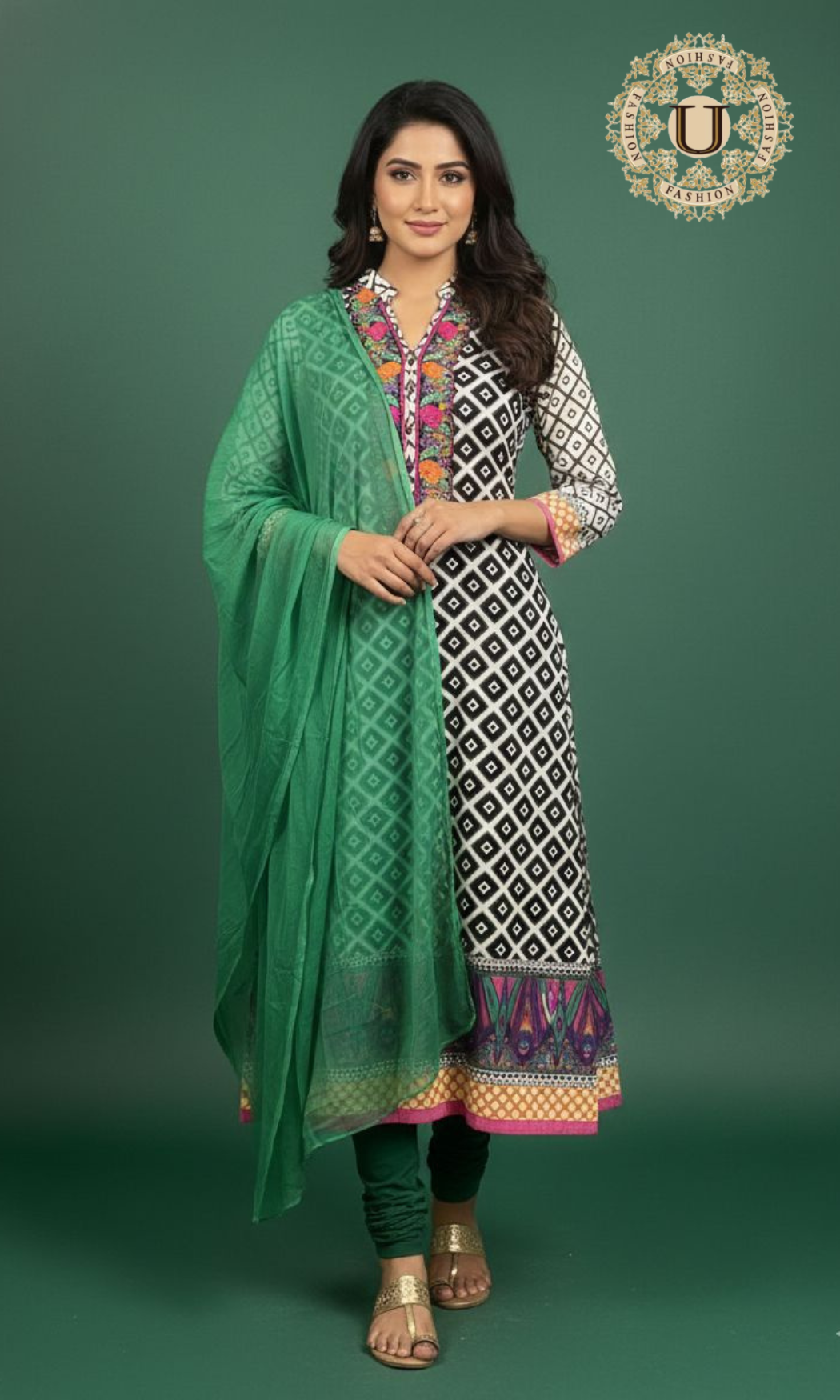 Green and White Printed Thread Emroidered A Line Kurti Set