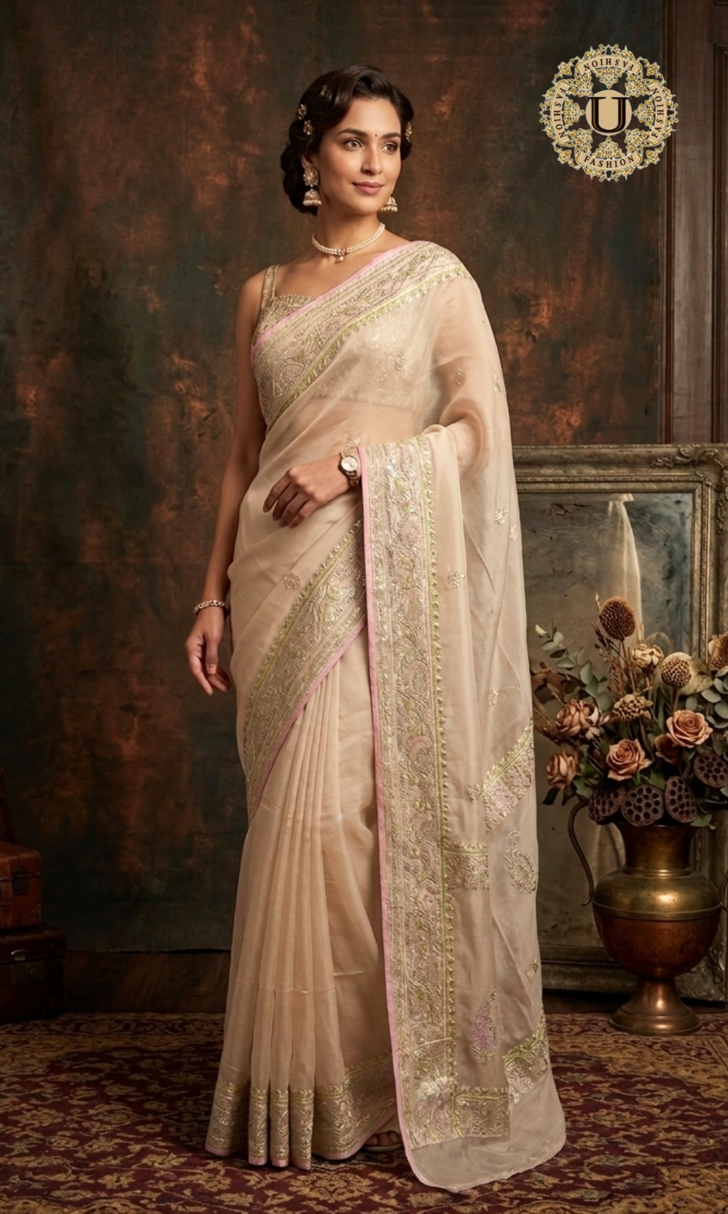 Off White Banarasi Chiffon Saree with Pastel Zari Border & Buttas