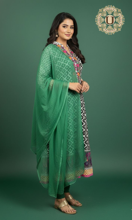 Green and White Printed Thred Emroidered A Line Kurti Set