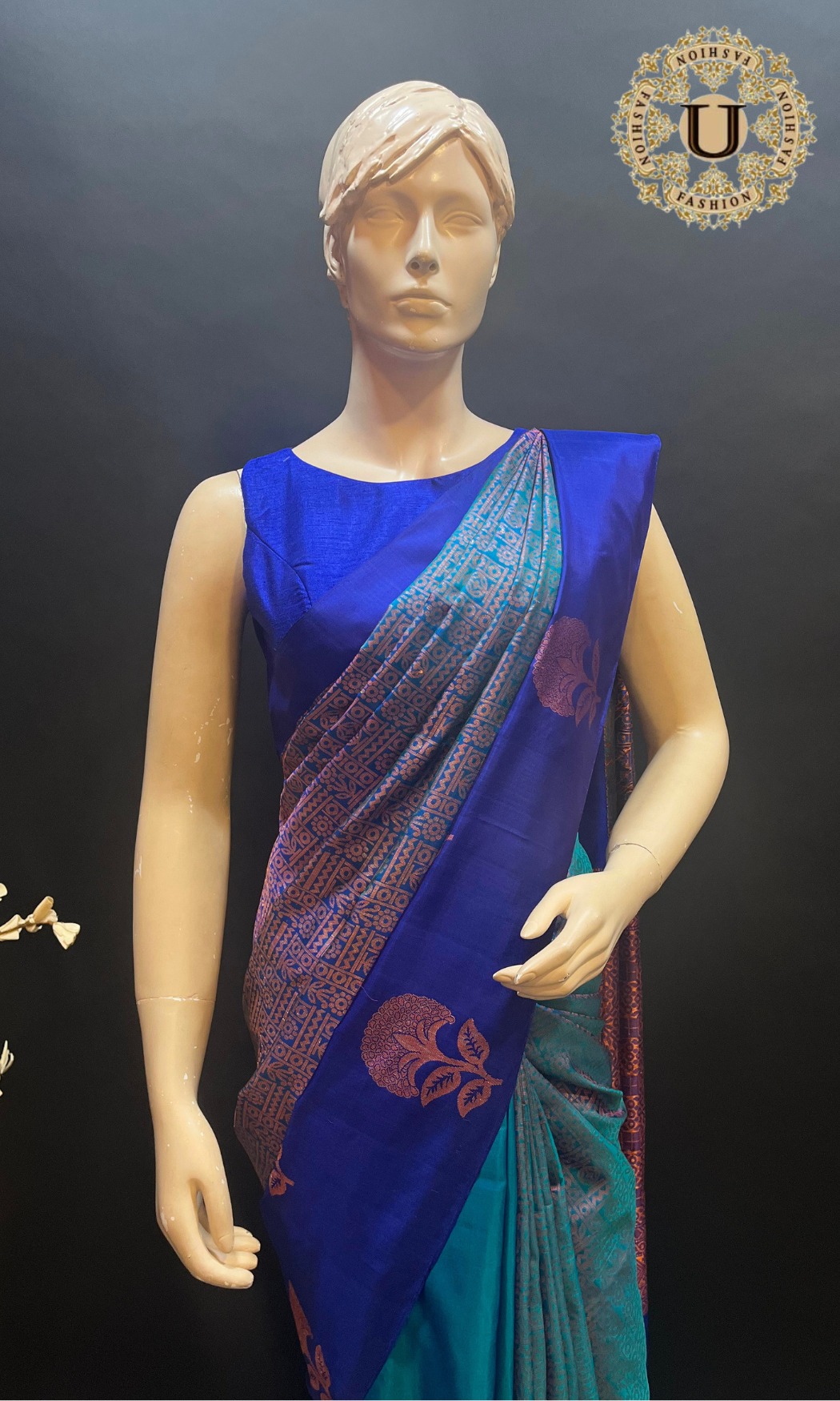 Turquoise  with Ink Blue Woven Silk Saree