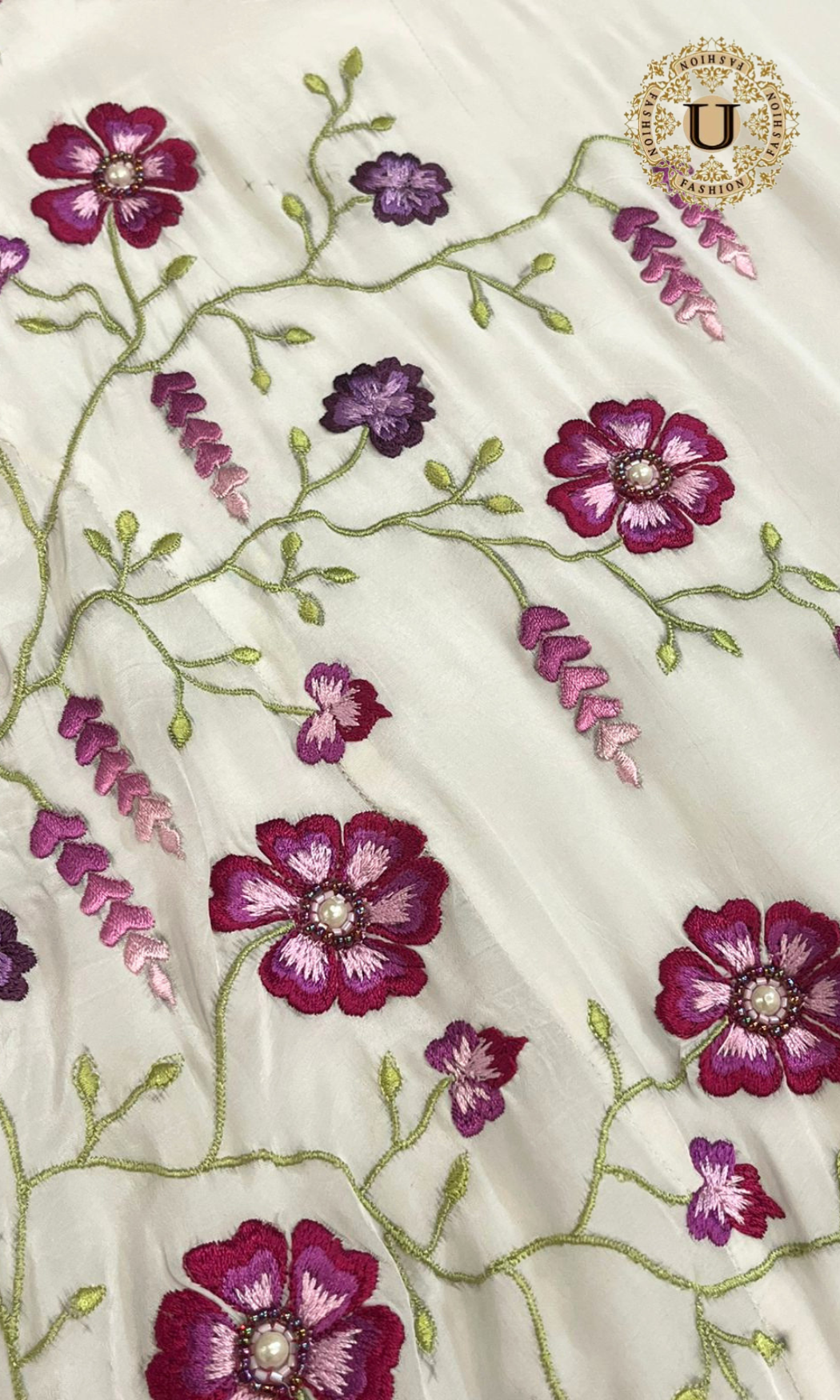 White Bamboo Silk Suit Set with Purple Floral Embroidery
