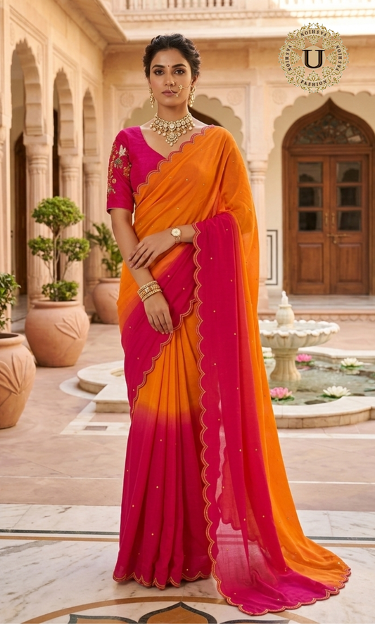 Orange with Pink Shaded Pure Crape Saree with Scallop Border