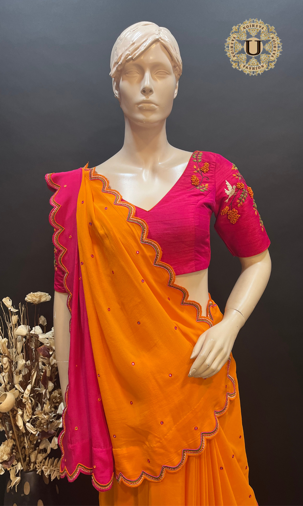 Orange with Pink Shaded Pure Crape Saree with Scallop Border