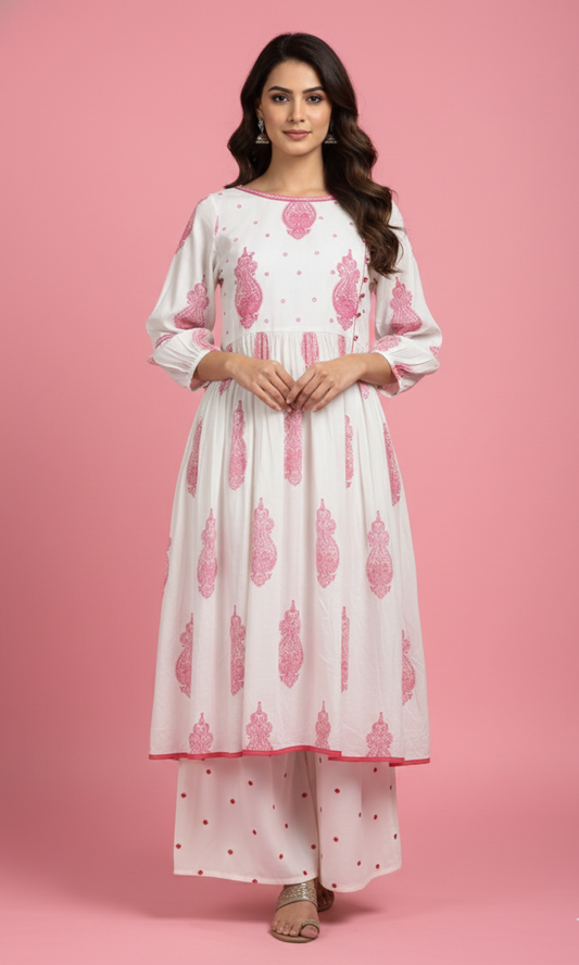White Printed Cotton A Line Kurti with Trouser