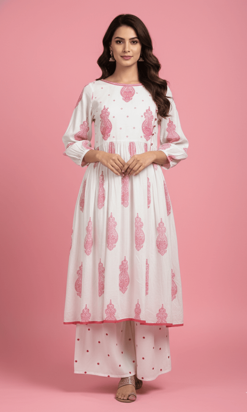 White Printed Cotton A Line Kurti with Trouser XXL U fashion