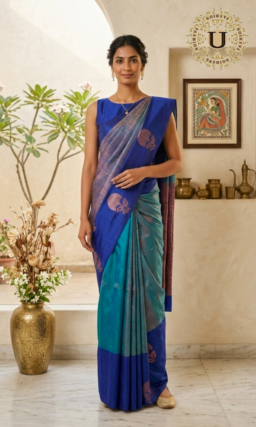 Turquoise  with Ink Blue Woven Silk Saree