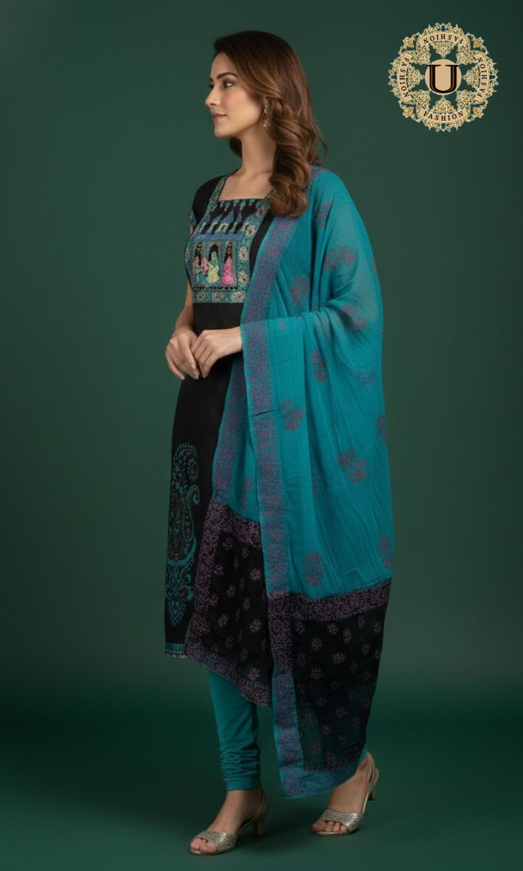 Black Cotton Jaquard Hand Painted Churidar set