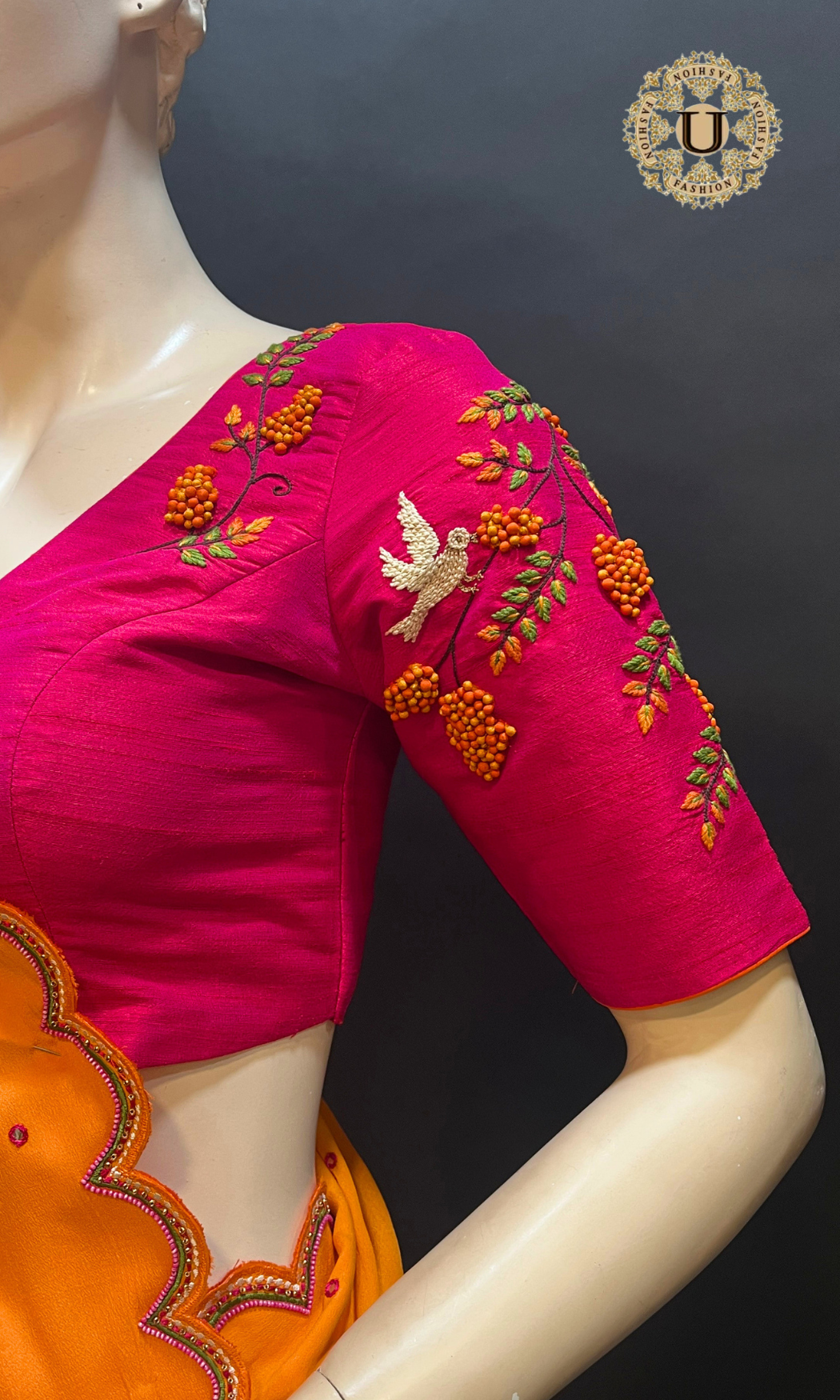 Orange with Pink Shaded Pure Crape Saree with Scallop Border