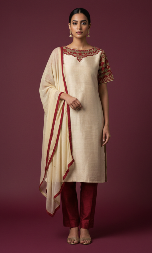 Beige Raw Silk Zari Work Kurti Set