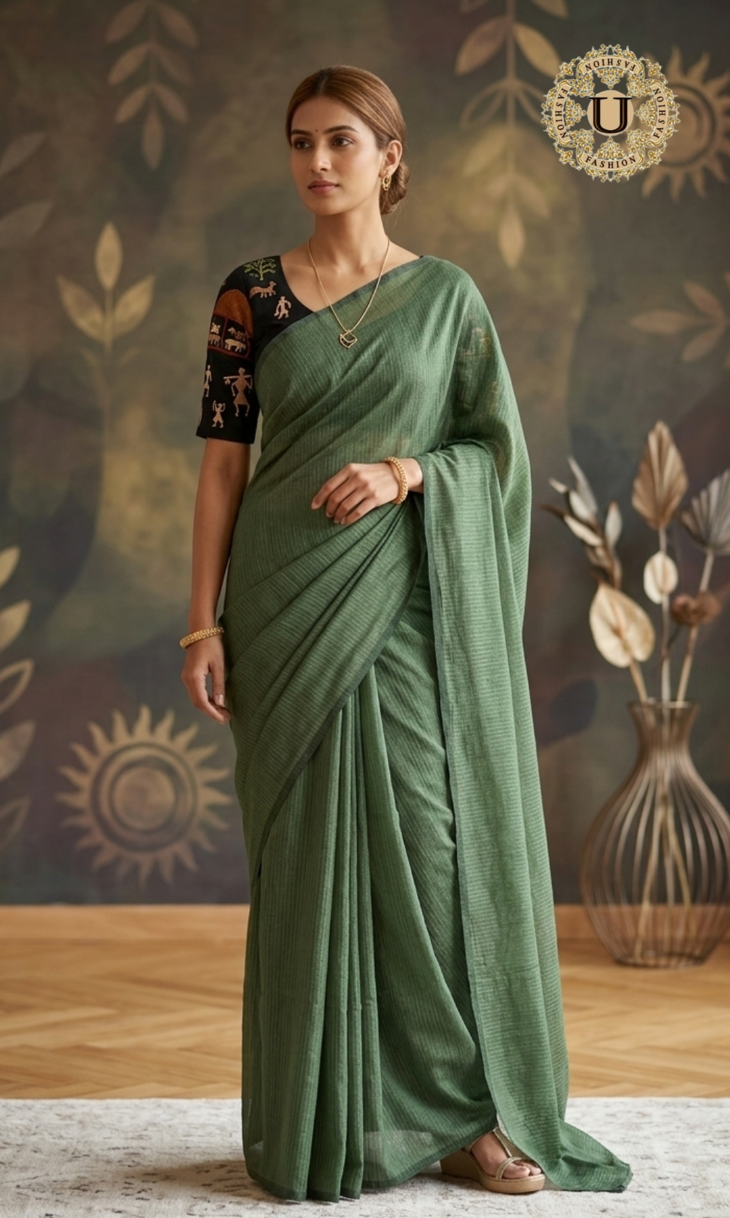 Sage Green Silver stripes Mul Cotton Saree