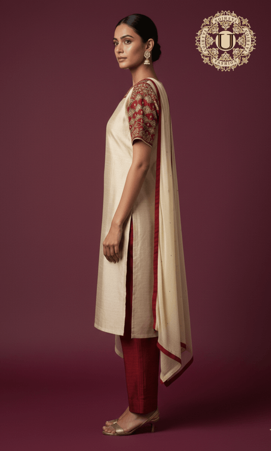 Beige Raw Silk Zari Work Kurti Set M U fashion