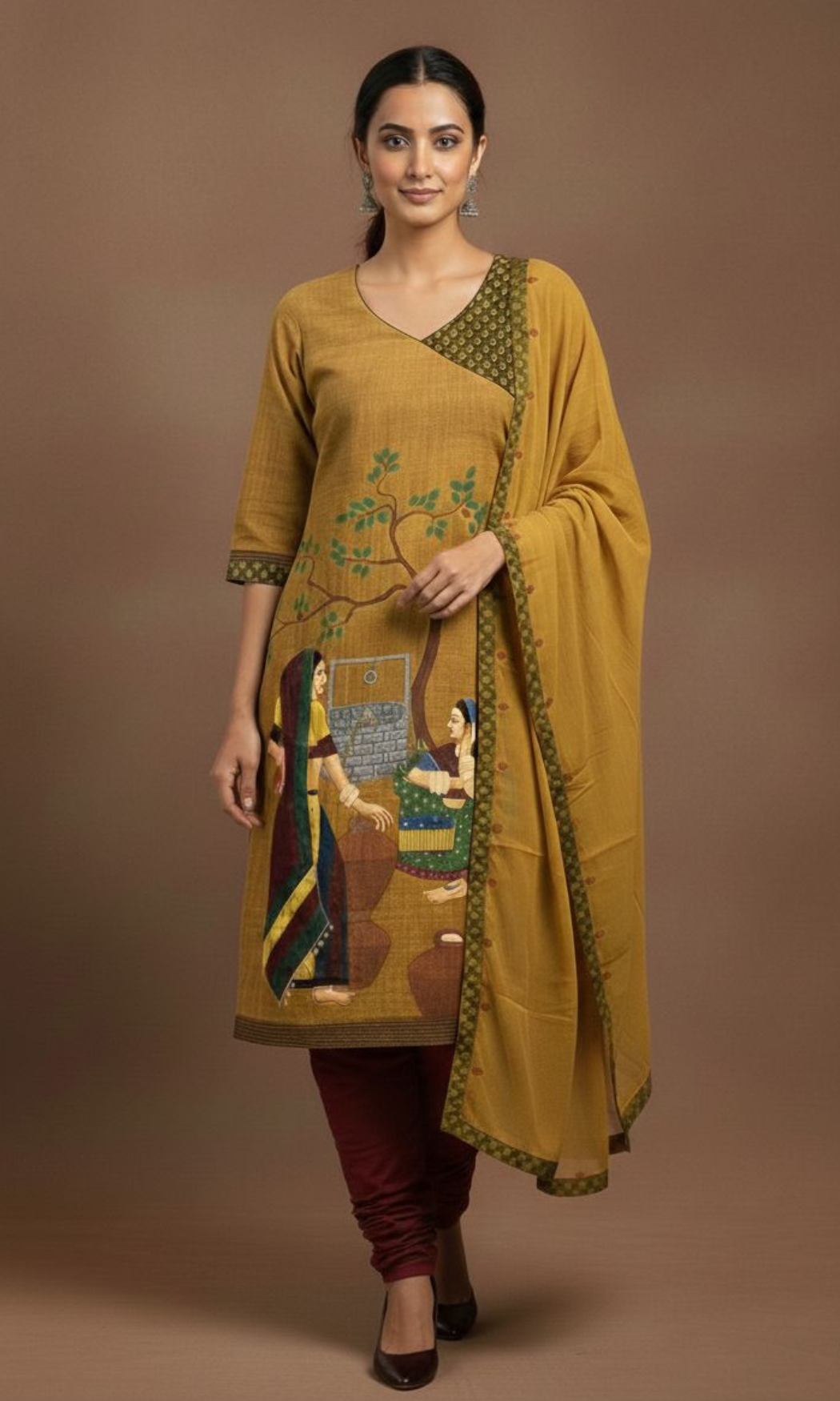 Henna Green Matka Silk Hand Painted Suit Set