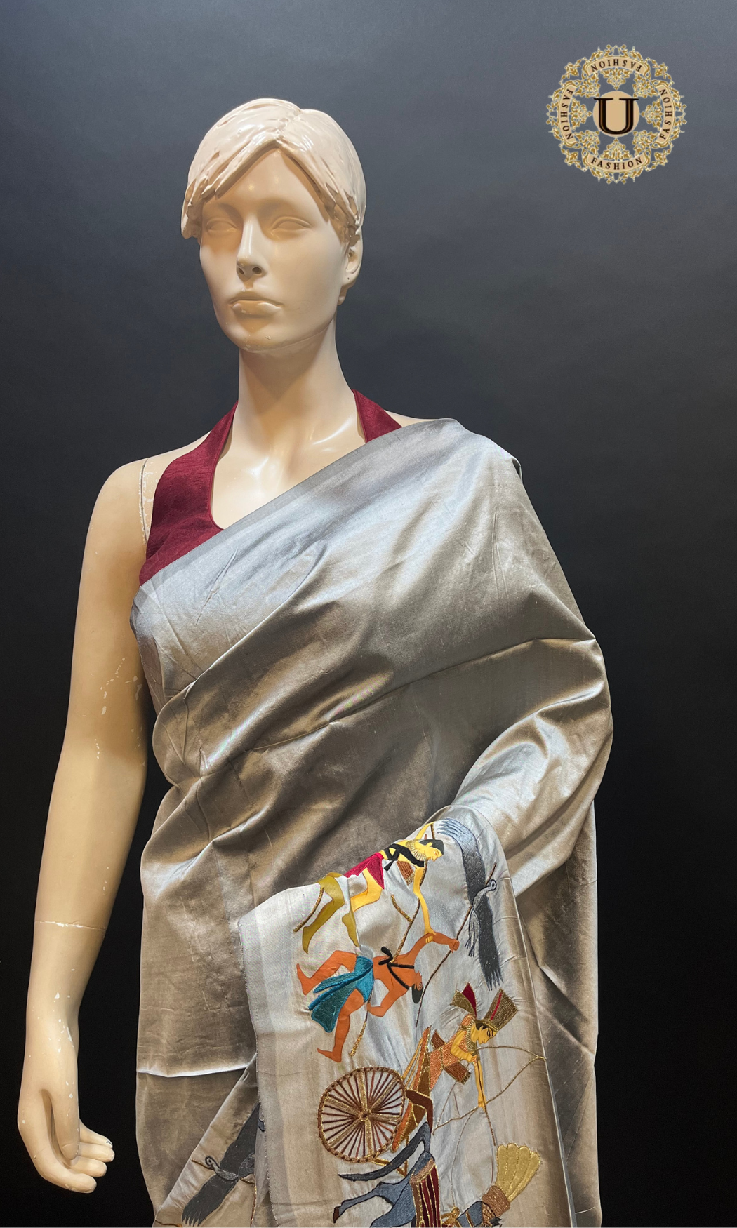 Gray Egyptian Art Embroidered Silk Saree