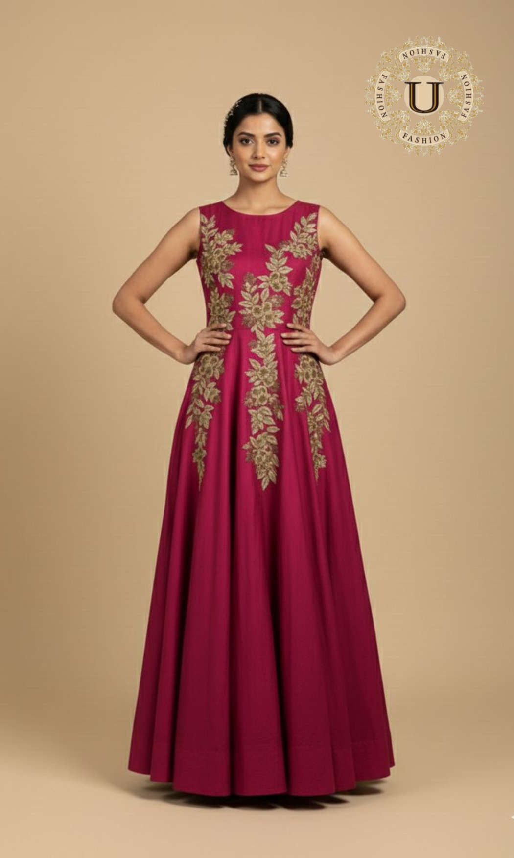 Majenta Tafetta Silk Zari Work Party Gown