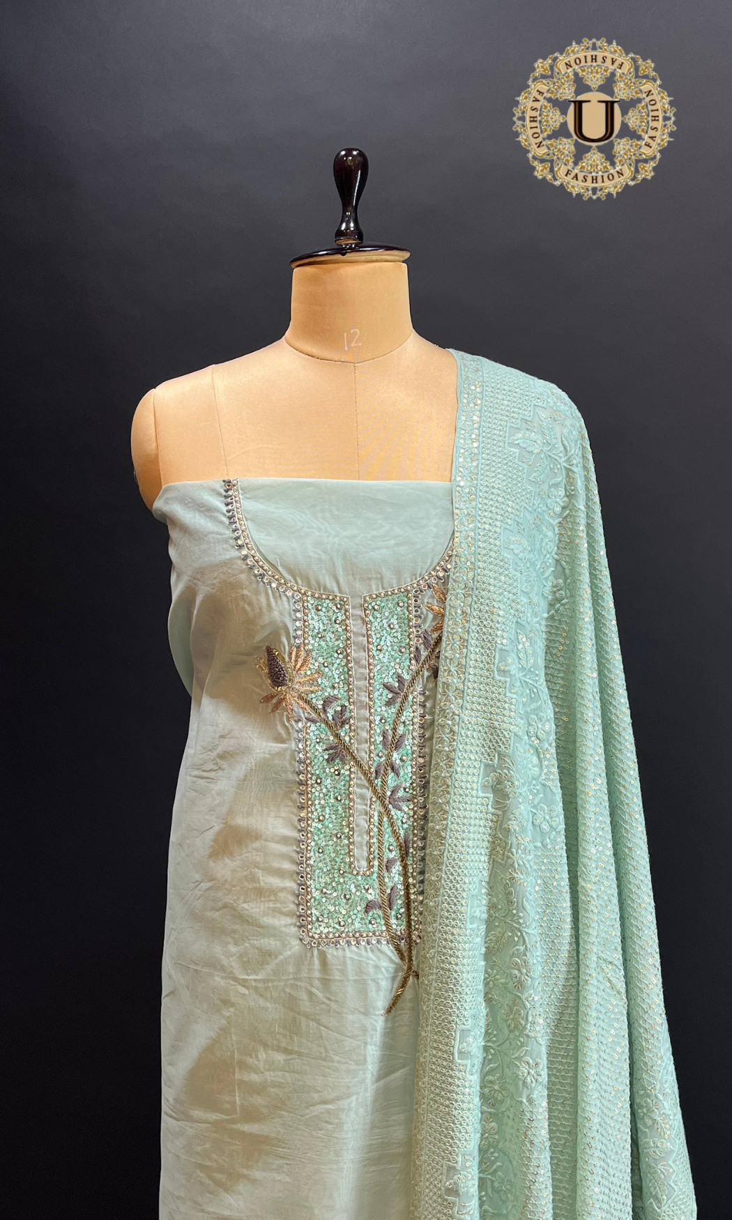 Light Pista Green Hand Embroidered Un-Stitched Suit