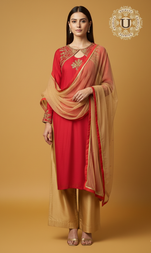 Pink Net Silk Aari Work Kurti Set