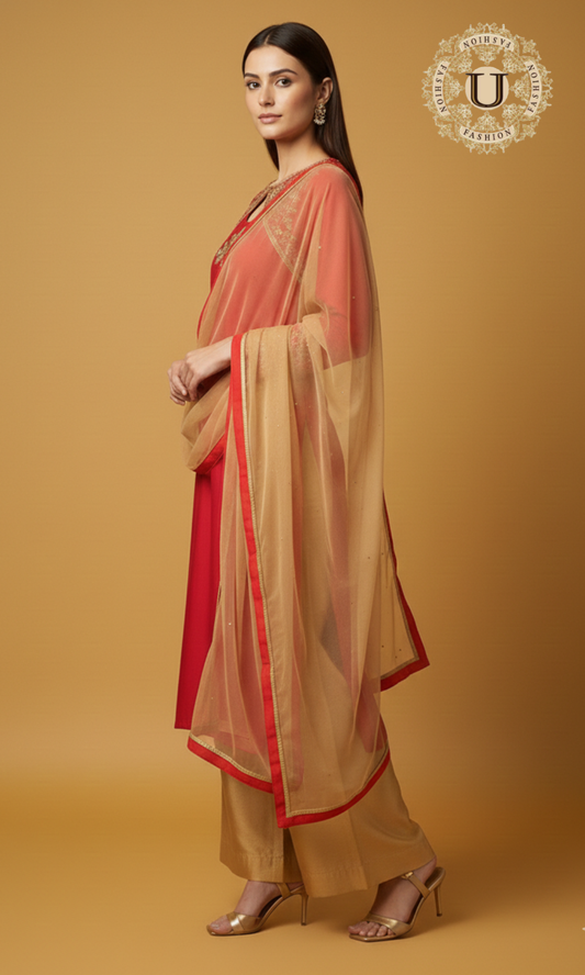 Pink Net Silk Aari Work Kurti Set