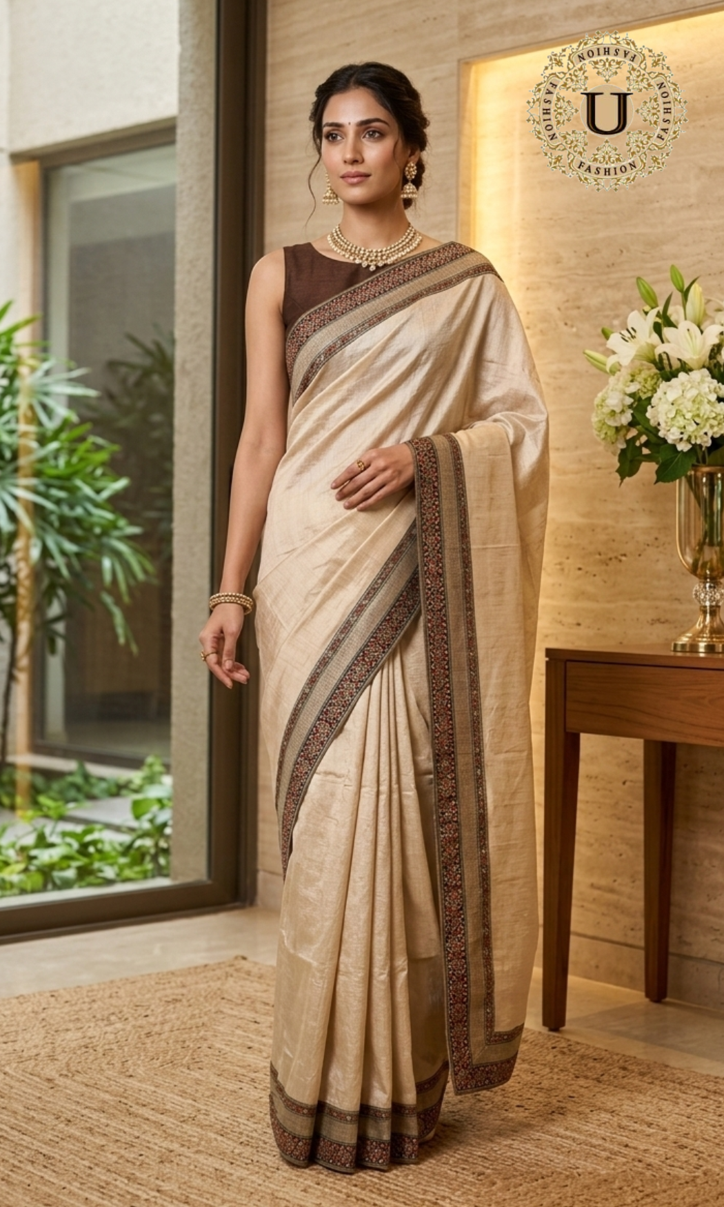 Beige Embroidery border Tussar Silk Saree