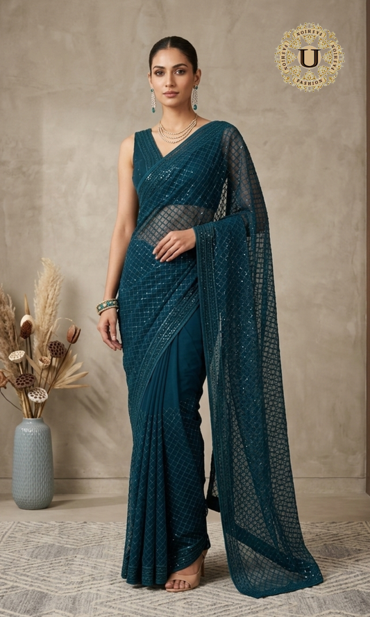 Teal Blue Mix Georgette Sequence Saree