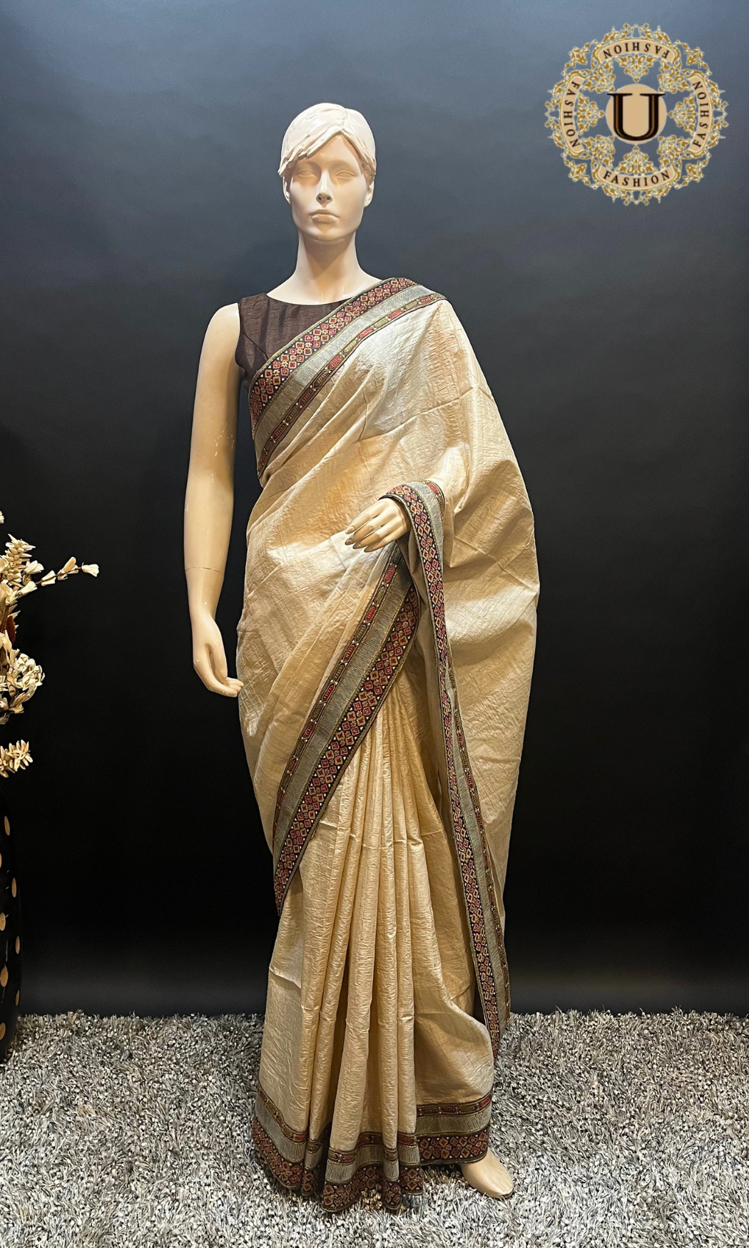 Beige Embroidery border Tussar Silk Saree
