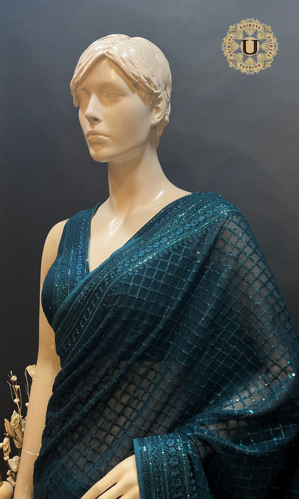 Teal Blue Mix Georgette Sequence Saree