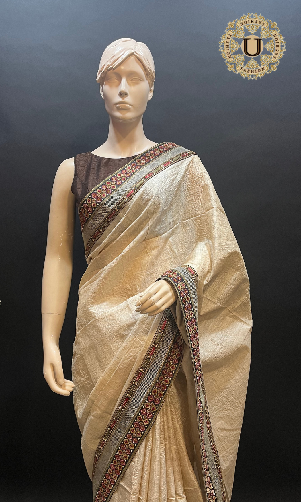 Beige Embroidery border Tussar Silk Saree