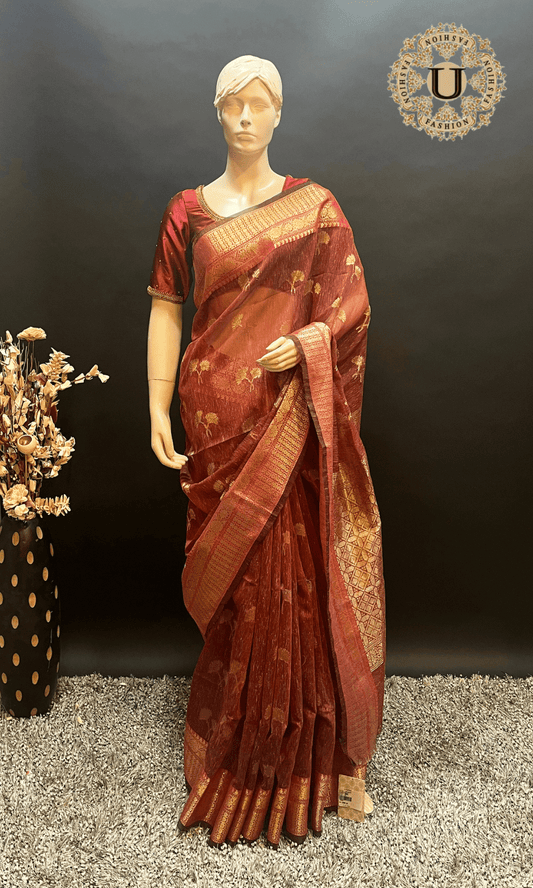 Oil Red Woven Jute Cotton Saree U fashion