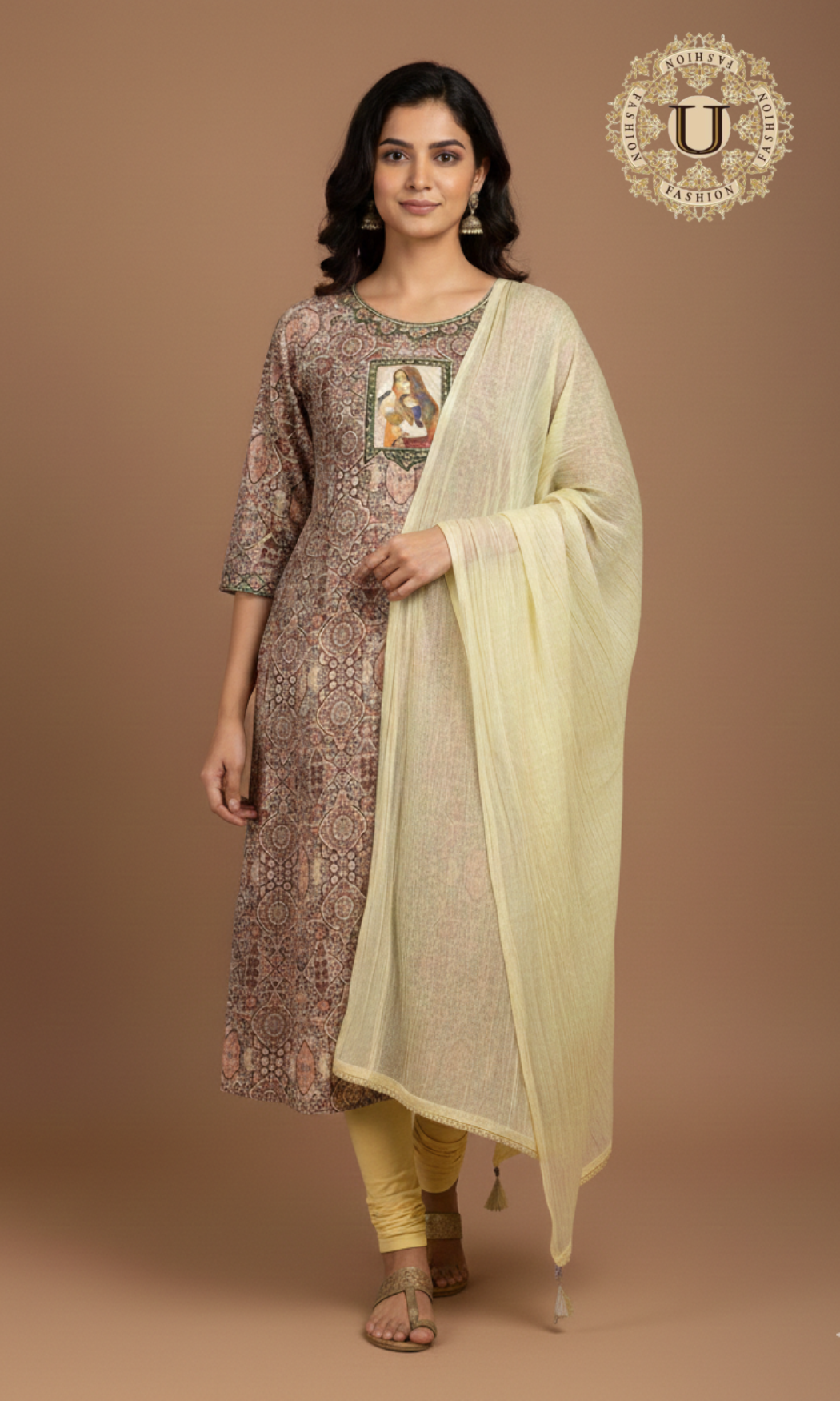 Beige Hand Painted  Motif on Crepe Ptd A Line Suit Set