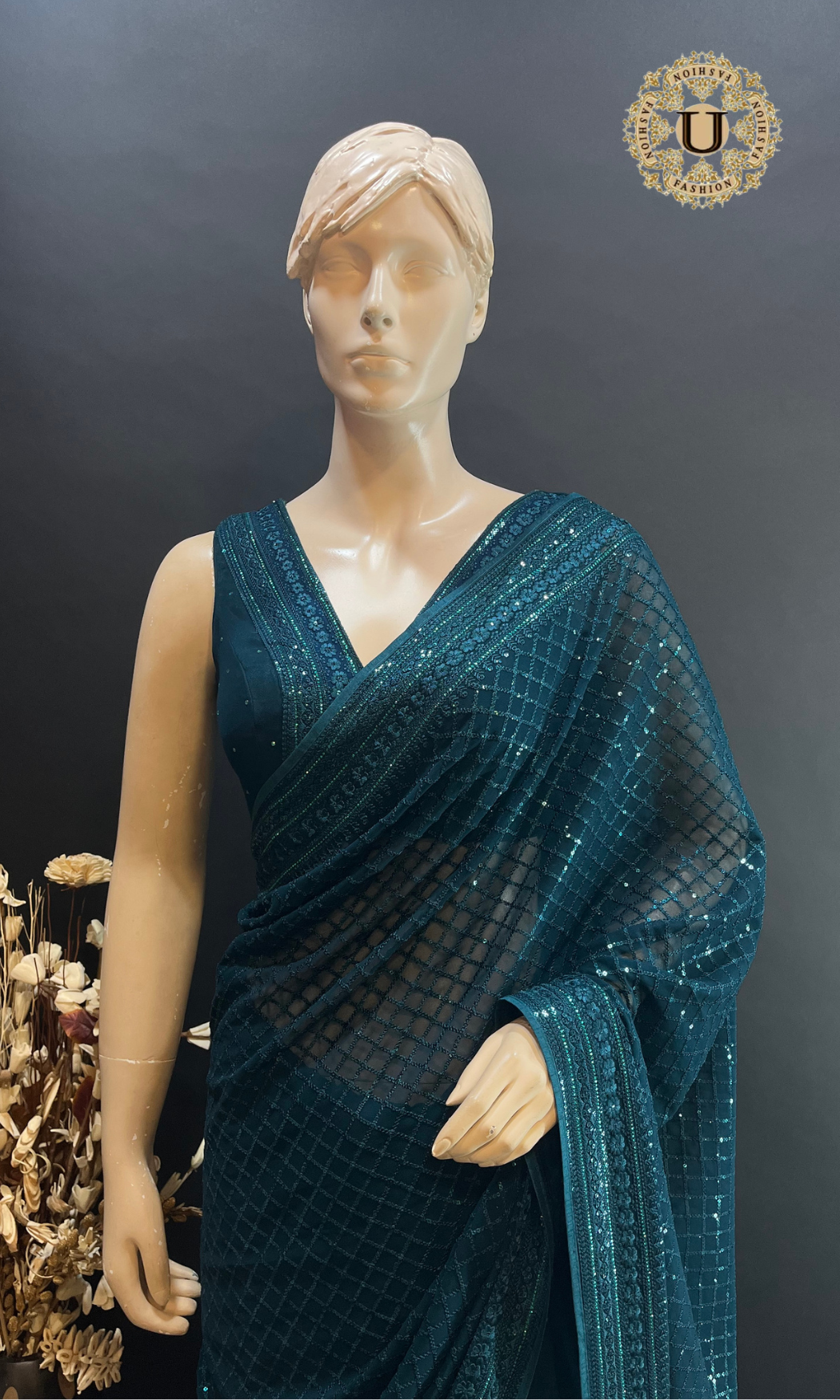 Teal Blue Mix Georgette Sequence Saree