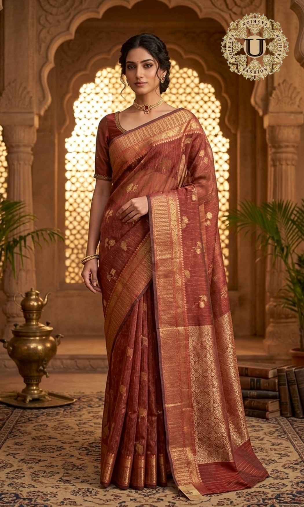 Oil Red Woven Jute Cotton Saree.