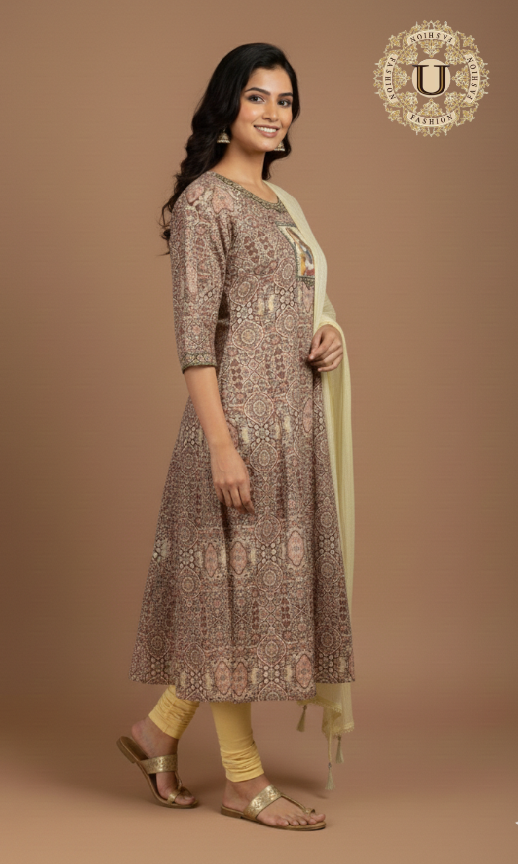 Beige Hand Painted  Motif on Crepe Ptd A Line Suit Set