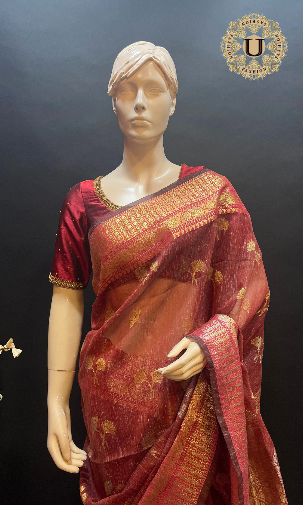 Oil Red Woven Jute Cotton Saree.