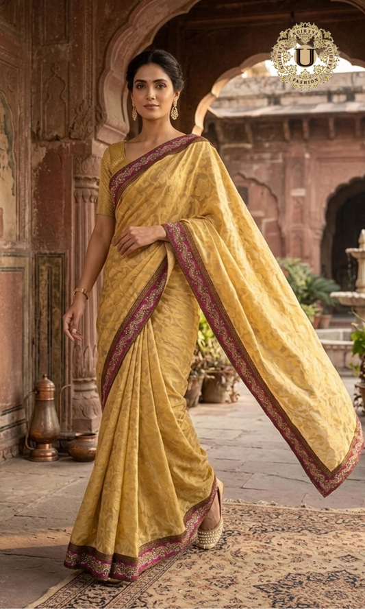 Beige Self-Designed Chanderi Saree with Pink Embroidered Border
