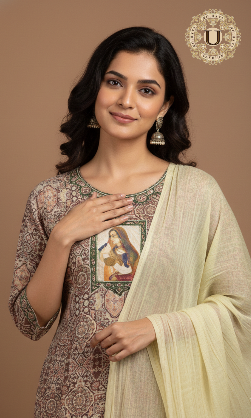 Beige Hand Painted  Motif on Crepe Ptd A Line Suit Set