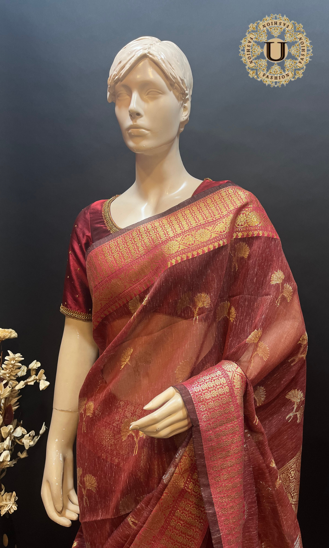 Oil Red Woven Jute Cotton Saree.