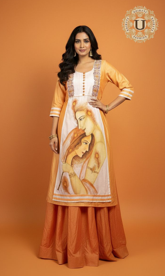 Orange Radha Hand Painted Semi Silk Kurti with Skirt