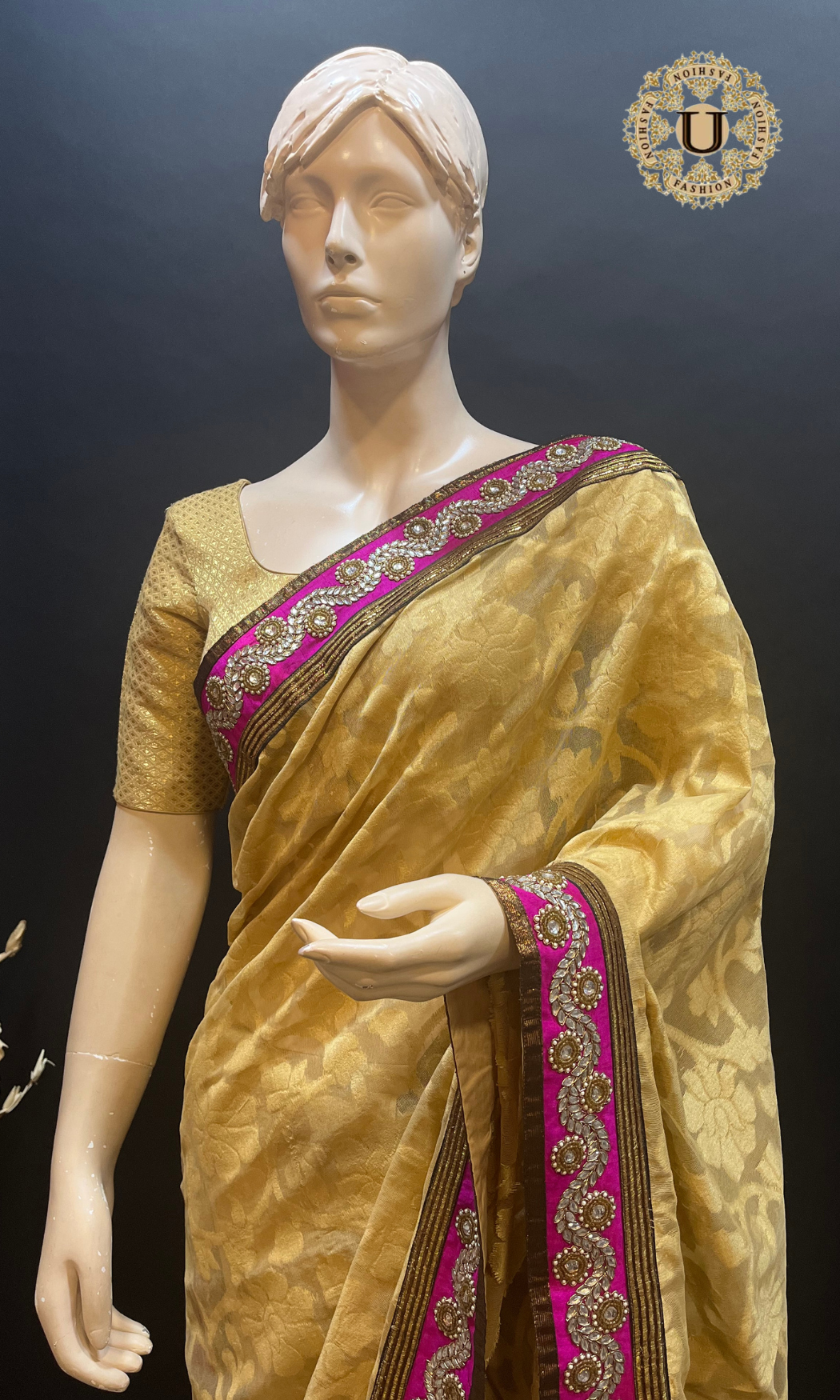 Beige Self-Designed Chanderi Saree with Pink Embroidered Border