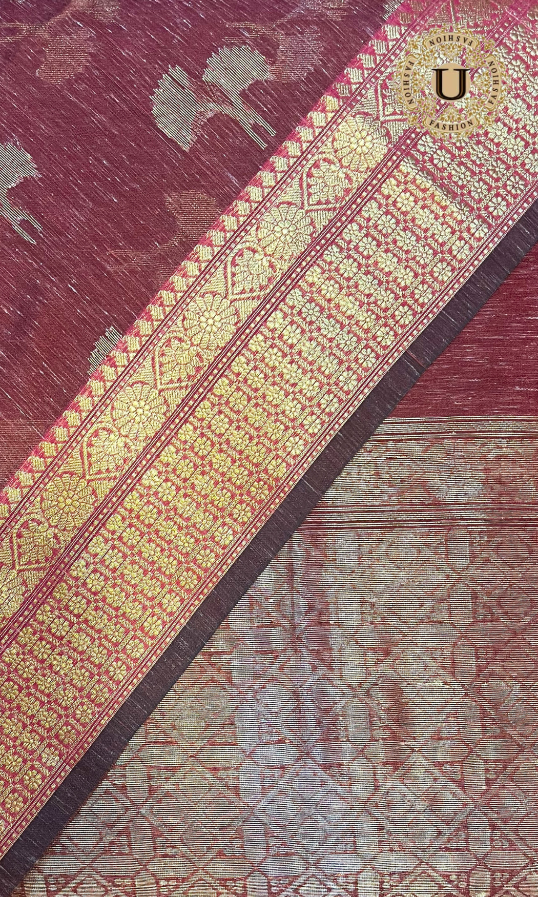 Oil Red Woven Jute Cotton Saree.